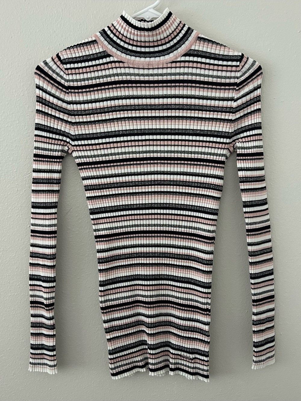 T Tahari Ribbed Striped Mock Neck Sweater Top Women’s S 90s Y2K Style Pink Grey